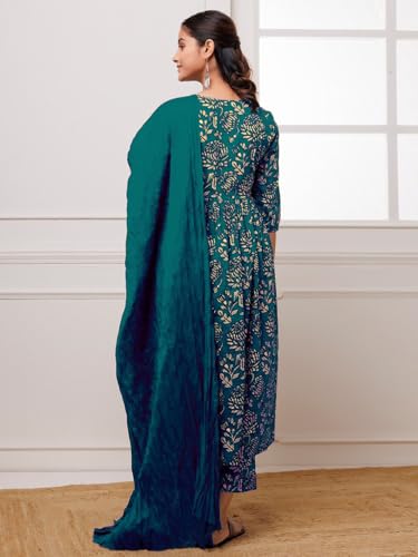 Image of GoSriKi Women's Cotton Blend Anarkali Printed Kurta with Pant & Dupatta