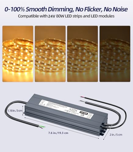 Image of 24V Dimmable LED Driver, 80W Triac LED Transformer Compatible with Lutron & Leviton Switches, Dimmable Led Power Supply Waterproof IP67 AC to DC Adapter for LED Lighting Smooth Flicker Free Dimming
