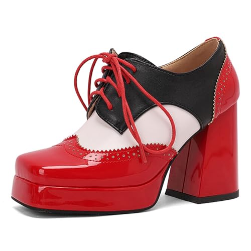 Alyaafifa Chunky Heel Platform Booties for Women Closed Square Toe Lace Up High Heel Loafers Pumps Dress Shoes Comfortable Wedding Event Party Club Prom