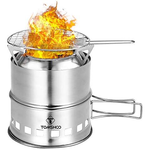 TOM SHOO Camping Backpacking Stove Stainless Steel with Wood Ash Plate Foldable Handle Alcohol Burning Compact Stove for Outdoor Camping Hiking Picnic BBQ Cover