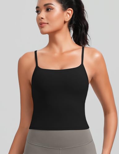 HeyNuts Cropped Cami Tank Top for Womens, Square Neck Spaghetti Strap Low Impact Yoga Longline Sports Bras Padded A-C Cups3