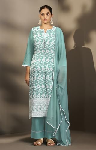 Image of DRESOUL Women Pure Cotton Schiffli Embroidered Kurta Set and Dupatta
