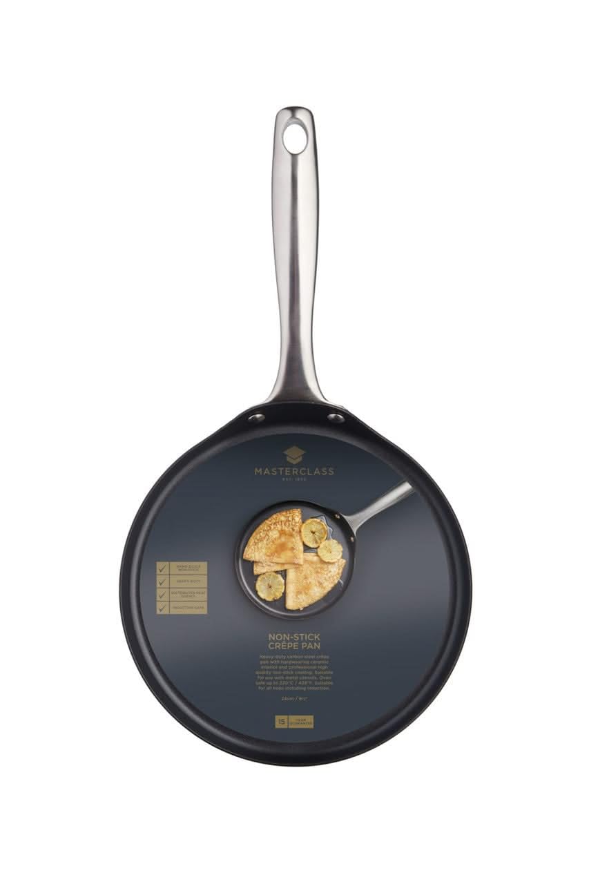 MasterClass Sartén antiadherente de acero al carbono para tortitas, tortillas y Tawa Roti con antiadherente PTFE, PFOA y libre de BPA, 24 cm - Negro