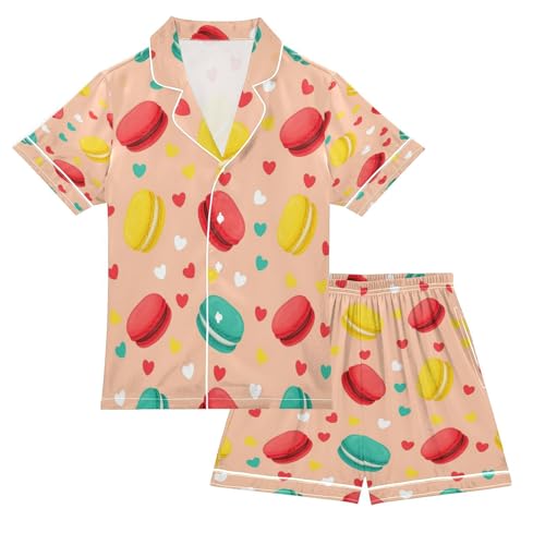 Satin Pajama Sets Short Sleeve Macarons Hearts and Pastels Button Down Silky Nightwear 2 Piece PJS 5-14Y