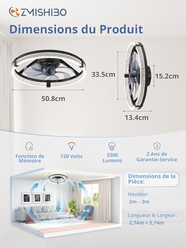 Ventilateur Plafond Chambre et Salon ZMISHIBO avec Timer Intégré