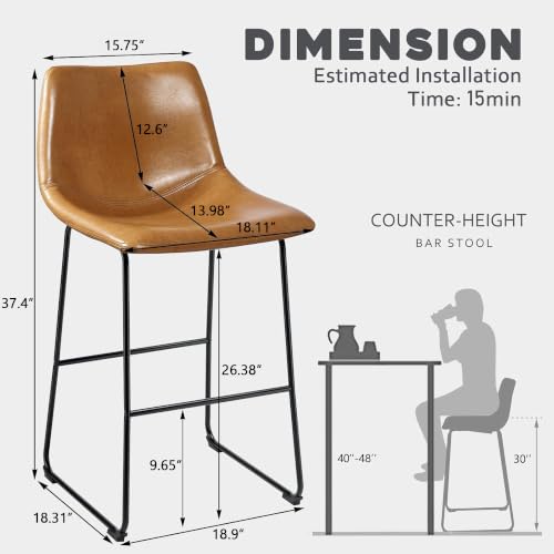 Image of Waleaf 30 Inch Counter Height Bar Stools Set of 2, Faux Leather Bar Chairs