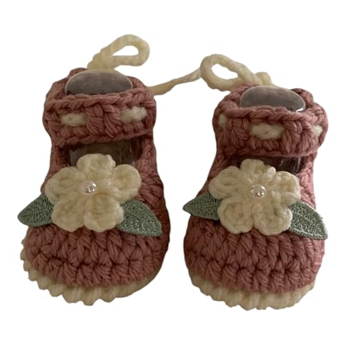 Handmade Crochet Baby Girl Mary Jane Shoes, Pink Cotton with White Flower, Baptism Booties