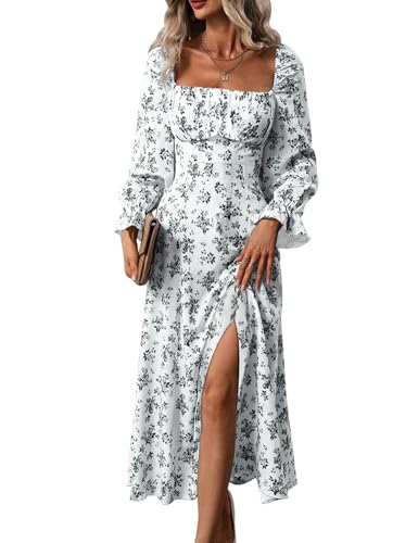Relipop Womens Split Thigh Boho Floral Print Fall Dresses Trendy Casual Long Sleeve Square Neck Flowy A Line Beach Maxi Dress (Black White Floral, Small) - Image 2