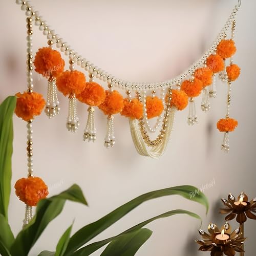 Divyakosh Fabric Marigold Flower With Moti Toran, Bandarwal Door Hanging, 94 Cm