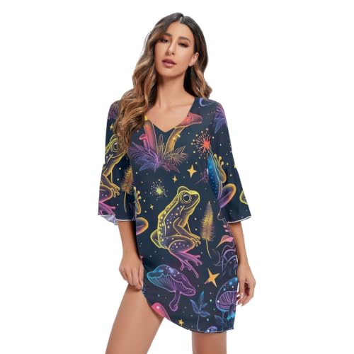 Robe courte hawaïenne à motif champignons et grenouilles fluo