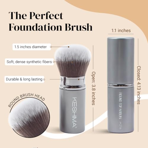 Image of Round Top Retractable Kabuki Brush by Keshima, Face Travel Makeup Brush | For Liquid Foundation, Powder, Cream, Blush, Bronzer, Blending and Buffing, Soft Synthetic Bristles, Cruelty-Free, with Cover