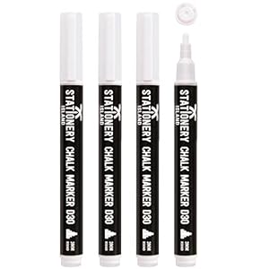 Stationery Island Rotuladores Tiza Liquida, Rotulador Tiza Liquida, Rotuladores Cristal Borrable, Punta Fina Redonda 3mm – Pack de 4 Blancos