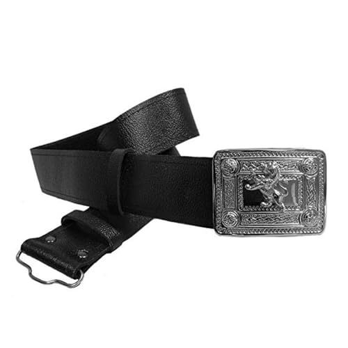Tartan City Mens Black Leather Kilt Belt with Celtic, Thistle and Lion Pattern Silver Chrome Buckles, XL - 45