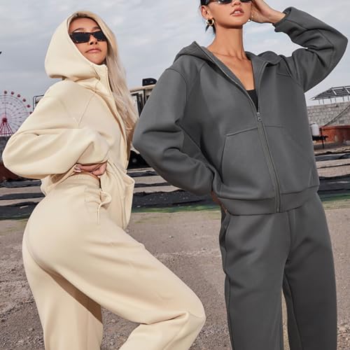 Conjunto feminino de 2 peças, conjunto de moletom com capuz e zíper e calça de moletom, para viagem,