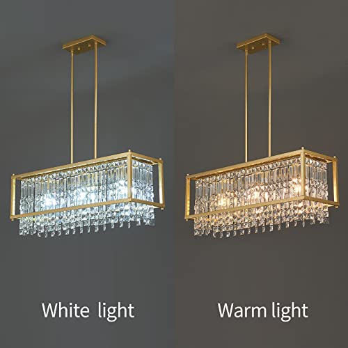 Image of LMQNINE Modern Rectangle Chandelier for Dining Room, Gold Crystal Chandelier Linear Light Fixture, Farmhouse Chandeliers for Kitchen Island, Bar Table, L30.7'' x W9.84'' x H8.66''
