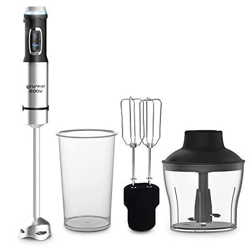 Grunkel - MP-1500TITANSET - Batidora de mano con accesorios, función turbo, brazo de acero inoxidable, indicador LED luminoso y botón regulador de velocidad. De fácil limpieza - 1500W