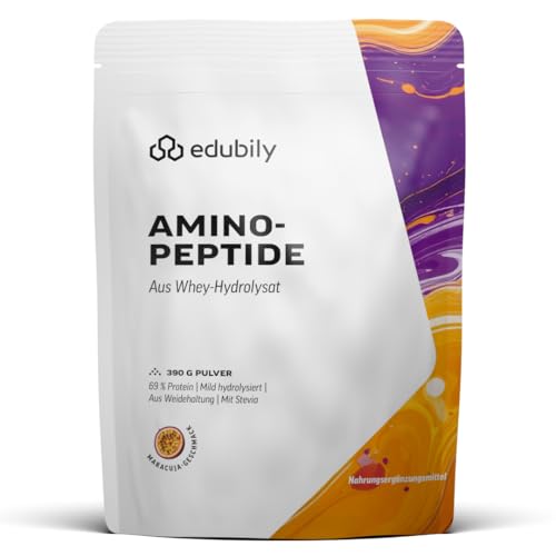 edubily® Aminopeptide aus Whey Hydrolysat von Optipep® – Aus irischer Weidehaltung – Kurzkettige Peptide – Mit Stevia gesüßt – Made in Germany (390 g, Maracuja)