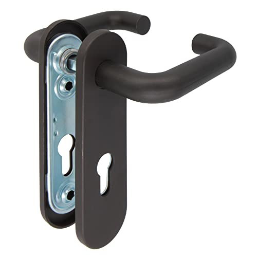 Amig – Manillas Puerta - con Placa y Bocallave – Manilla Puerta con Cerradura, Uso Intensivo, Puertas Cortafuegos, Garaje o Trastero – Placa 172 x 46 mm - Cuadradillo 9 mm – Acero con Polipropileno