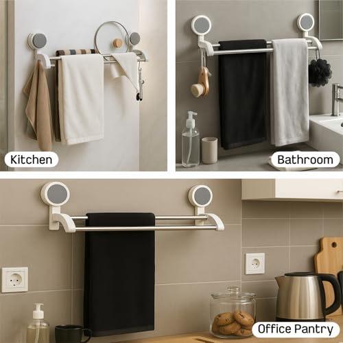 Image of JD FRESH Self Adhesive Double Towel Hanger in Bathroom /Wall-Mounted Towel Bar with Magic Sticker /Napkin Holder Bar for Bathroom and Kitchen (White)