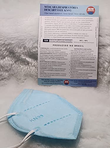 Máscaras KN95 Azul Claro Adultas com ANVISA Fabricada no BRASIL - Embaladas de 10 em 10 - Kit de 10,