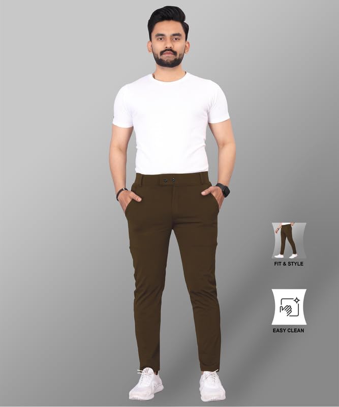 Image of MiraMichi Men's Slim Fit Stretchable Casual Mid Rise Trousers | Stylish Lycra Blend Pants for Office, Party