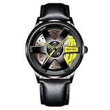 JOATVEE Relojes de rueda de coche para hombres, resistente al agua, de acero inoxidable, analógico, de cuarzo, deportivo, con llanta de coche, diseño de buje, para hombre, Cuero Amarillo, Correa