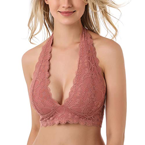 Image of Floral Lace Halter Bra Bralette Top Hook and Eye Closure Back Unpadded Wirefree Lace Bra