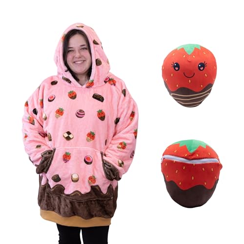 Image of Wearable Blanket Hoodie - Chocolate Strawberry 2-in-1 Oversized Hooded Wearable Blanket for Adults & Teens - Plush Transforming Blanket Pillow with Giant Pocket - Cozy Hoodie For Gifting