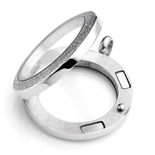 Zysta Silver Round Locket Pendant Necklace 30Mm Glossy Stainless Steel Clear Glass Living Memory Floating Charms Stone Storage #TOP4