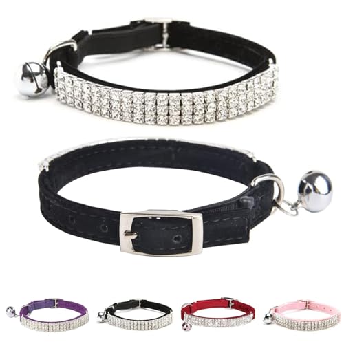 BINGPET Diamond Cat Collar, Adjustable Soft Velvet Leather Safe Kitten Collar with Shiny Rhinestones and Bells, Girl Boy Bling Stylish Cat Collars with Safety Elastic for Small Medium Cats,Black