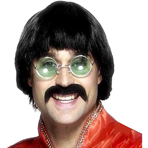 Beatles Wig Moustache - Mersey Beat Scouser Black Fancy Dress Costume 1970s 70s Cover