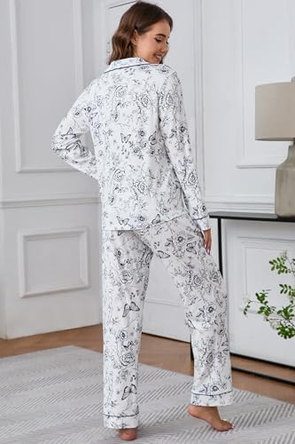 Image of LUBOT 100% Cotton Pajamas for Women Pajama Set 2 Piece PJ Sleepwear Set Soft Ladies Button Knit Long Sleeve Loungewear XS-XXL