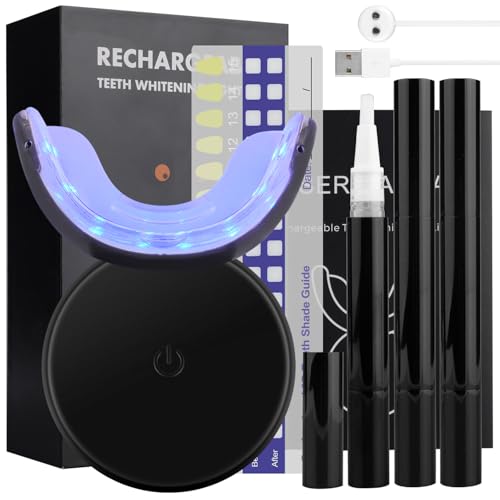 LED Teeth Whitening Kit with 3 Whitening Gels, USB Rechargeable Teeth Whitening Kit for Home Use, Safe for All Teeth Types, Easy to Use for Smokers/Coffee Lovers