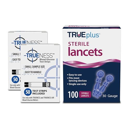 TRUENESS Blood Glucose Test Strips and Single-Use Sterile Lancets 33G, for Use with TRUENESS Family of Self-Monitoring Blood Glucose Meters, 100 Count Test Strips (2, 50-Count Boxes), 100 Lancets