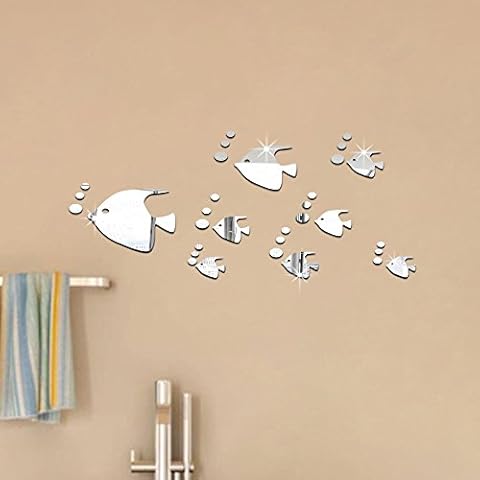 ufengke® 8-pcs 3D Tropical Fish Mirror Effect Wall Stickers Fashion Design Art Decals Home Decoration Silver Cover