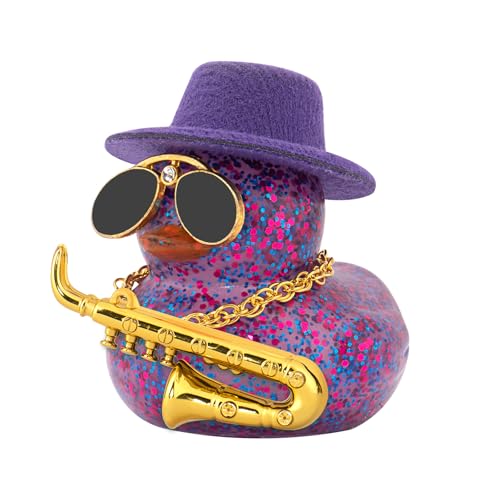 wonuu Car Decoration Saxophone Rubber Ducks, Dashboard Decor Duck Car Ornaments with Mini Top Hat Necklace Sunglasses, Dark Purple