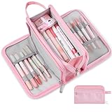 Sooez Large Pencil Case, Big Capacity Pencil Pouch Pen Bag with 3 Compartment, Portable Canvas Stationery Organizer with Zipper, Cute Aesthetic School Supplies for Teen Girls College, Pure Pink