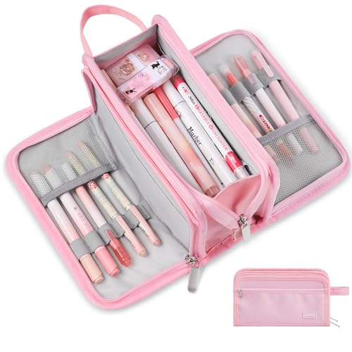 Sooez Large Pencil Case, Big Capacity Pencil Pouch Pen Bag with 3 Compartment, Portable Canvas Stationery Organizer with Zipper, Cute Aesthetic School Supplies for Teen Girls College, Pure Pink