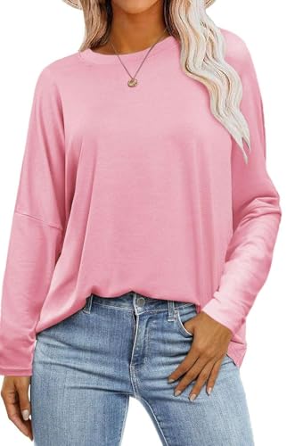 SOADKP Camiseta de mujer de gran tamaño, manga larga, cuello redondo, suelta, elegante, blusa túnica, Manga Larga Rosa, M