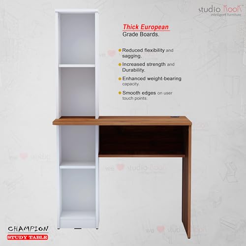 Image of Studio Kook Champion Engineered Wood Study Table with Storage, Matte Finish, 5 Shelves (Moonshine White Amber Walnut)