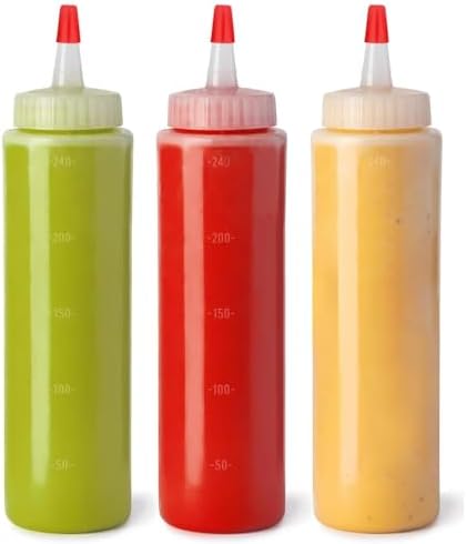 Leak-proof Condiment Squeeze Bottles for Sauces - 8 OZ Kitchen Squirt Bottles for Liquids - Plastic Condiment Bottles for Sauce, Ketchup, Dressing, Oil - Easy Pour & Clean, 3 Pack