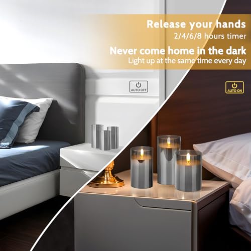 Image of Grey Glass Flameless Candles with Remote and Timer, Real Wax Candles Warm Flickering LED Pillar Battery Operated Candle Light for Halloween Wedding Party Home Decoration, Set of 3