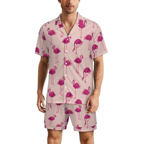 Flamingo Mens Pajama Set Short Sleeve 2 Piece Sleepwear Button Down Tops And Shorts Loungewear Outfits