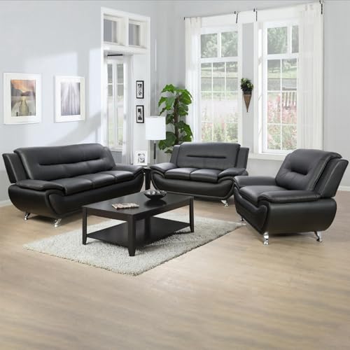 Image of Modern Leather Sofa Set, Living Room Furniture, 3 - Piece Couch Set, Faux Leather Couch Loveseat Chair Set with Sturdy Legs for Living Room /Bedroom /Office,Black