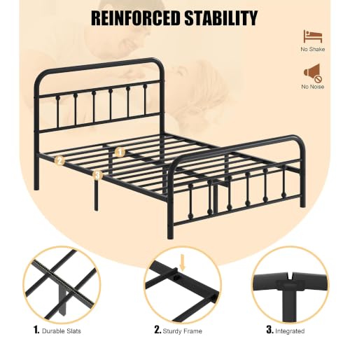 Image of Shintenchi Full Size Metal Platform Bed Frame with Headboard & Footboard, Steel Slat Mattress Foundation, Under Bed Storage, Noise-Free, No Box Spring Needed, Black Round