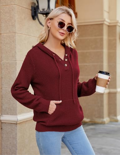 Image of VIMPUNEC Womens Fall Hoodie Sweater Long Sleeve Hooded Top with Pocket | V Neck, Button, Adjustable Drawstring, Waffle Knit, Loose Fit, Ribbed, Kangaroo Pocket