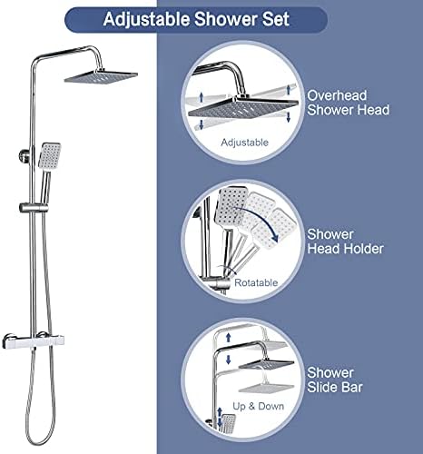 Solepearl Thermostat Shower System, Square Thermostatic 38 °C Shower Mixer Set with Rainfall Shower Head, Handheld Shower, Riser Rail, Adjustable Height Anti Scald Chrome Shower Set