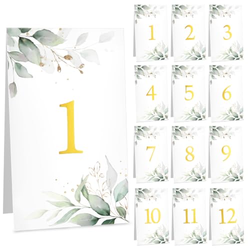COMOOKA 12 Stück Tischnummern 1-12 Eukalpytus Tischnummern Hochzeit Tischkarten Goldfolie Platzkarten Nummern Zahlen Tischdeko Kommunion Konfirmation