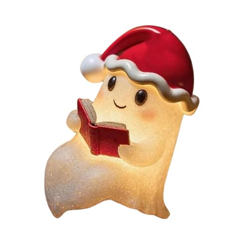 Nazada Cute-Ghost Reading Book Lamp, 3D-LED Resin Ghostly with Santa Hat Night Light, Warm Lighted Halloween Figurine Lamp, for Christmas Home Party Bedroom Shelf Table Decor