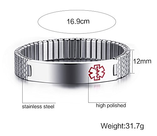 Medical Alert Bracelet for Men: Free Engraving Stainless Steel Stretch Style ID Wristband, Custom Black Deep Engraved Jewelry, 6.6"